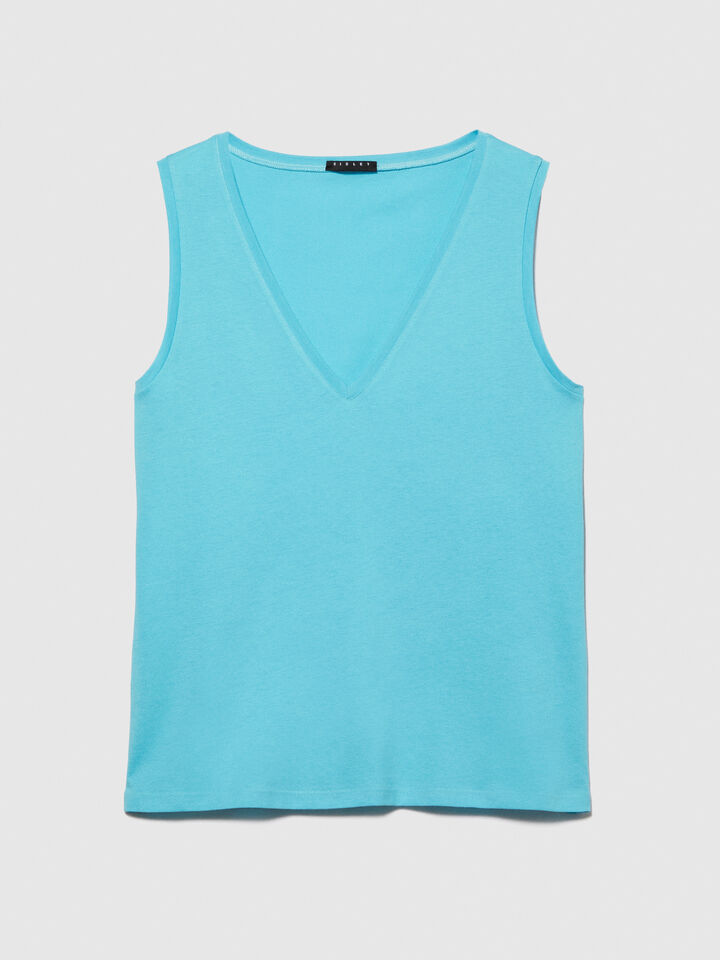Tank top in 100% cotton - women's tops - Turquoise | Sisley image number 6